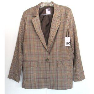 SO Women Blazer Glen Plaid Brown Oversized Lined Pockets One Button Office NWT M